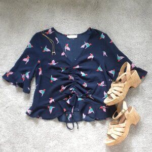 Elodie Ruffle Sleeve Cinched Front Blouse with Bird Print, Size Small